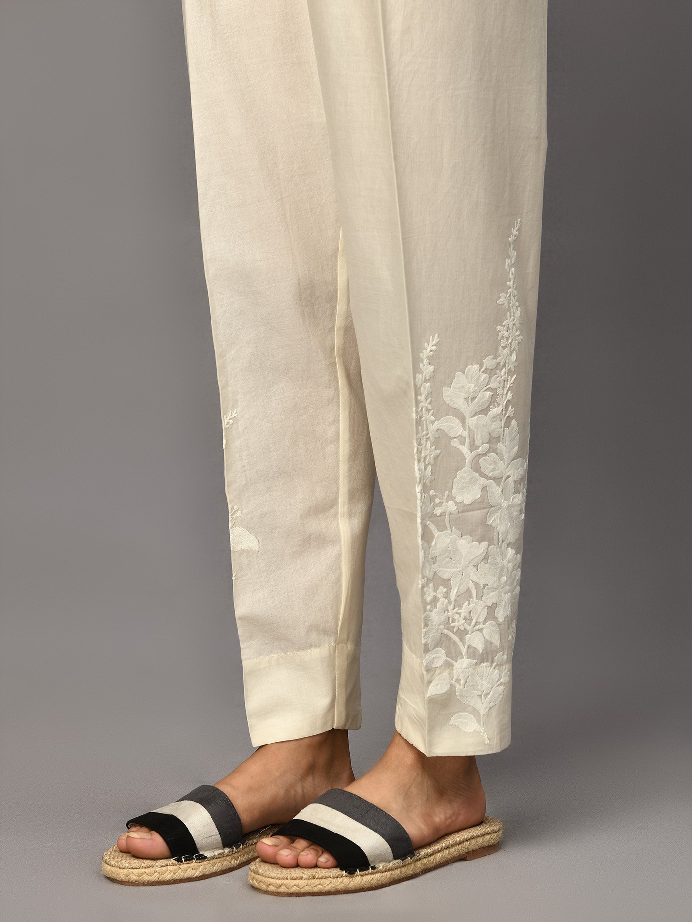 Embroidered Cambric Trouser - Off White